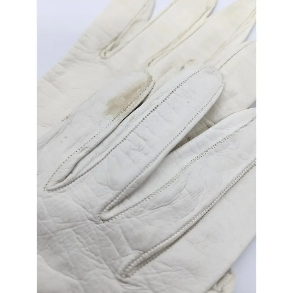 Vintage White Leather Gloves Womens Hand Embroidered Floral 1940s 50s